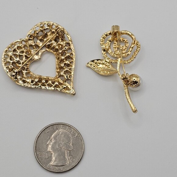 VTG Brooch Set 2PC Gold Tone Clear Rhinestone Rose Faux Pearl Heart Jewelry Pins - Picture 10 of 10